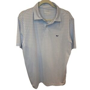 Vineyard Vines St Jean Stripe Performance Polo Shirt Aqua Blue Whale Logo Mens M